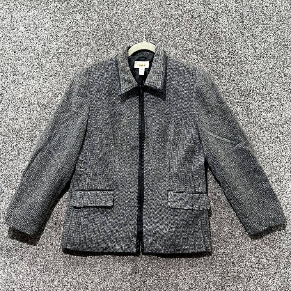 VTG Talbots Blazer 10 Gray Herringbone Full‎ Zip Career Office 100% Wool